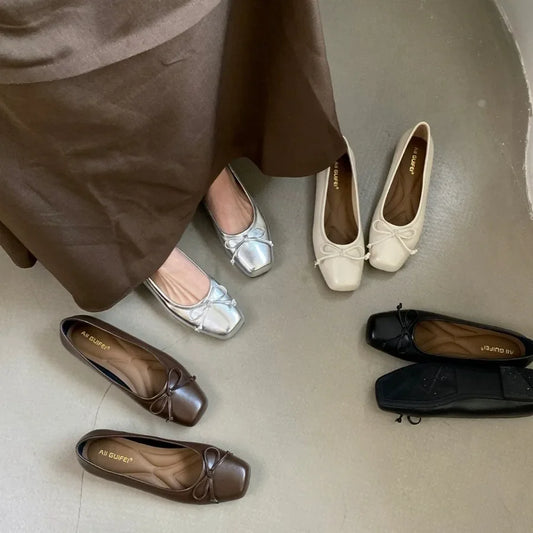 Gentle Fairy Style Flat Bottom Single Shoes Women's Spring 2025 New Butterfly Knot Square Head Silver Color Bean Shoes