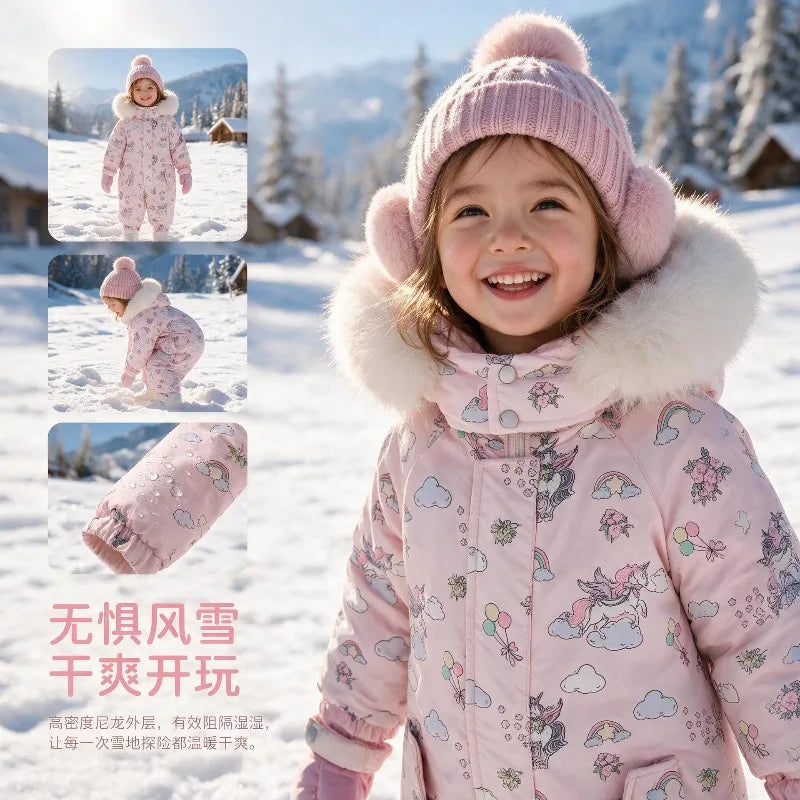 Bellbell Winter 2-6Yrs Girls Snowwear Jumpsuit Faux Fur Hooded Floral Print Kids Baby Girl Romper Thicken Warm Toddler Bodysuit
