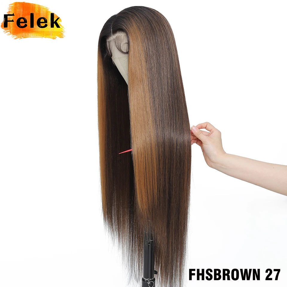 Highlight 13x6 Synthetic Lace Frontal Wigs For Women 40 Inch Long Silky Straight Lace Front Wigs High Quality American Afro Wigs