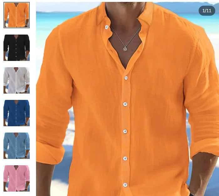 Cotton Linen Shirt for Men Summer Solid Color Lapel Lightweight Breathable Tops Men's Loose Casual Long Sleeve Beach Shirt
