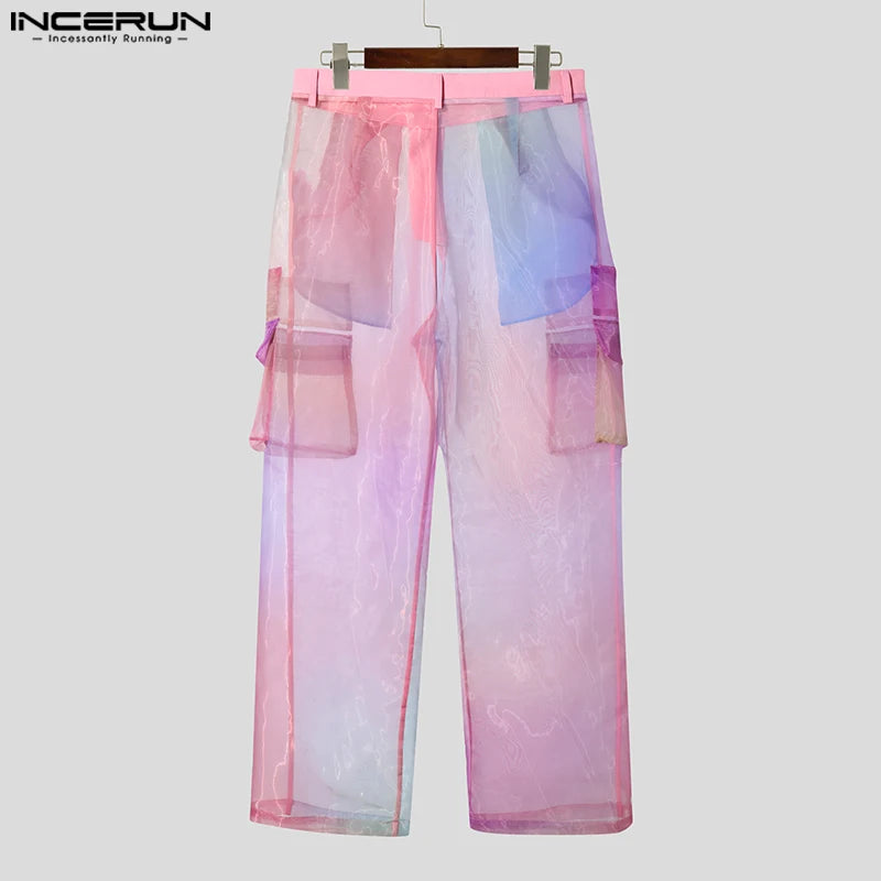 INCERUN Men Pants Mesh Gradient Button Joggers Straight Trousers Men Joggers Streetwear Pockets Oversize Fashion Long Pants 2026