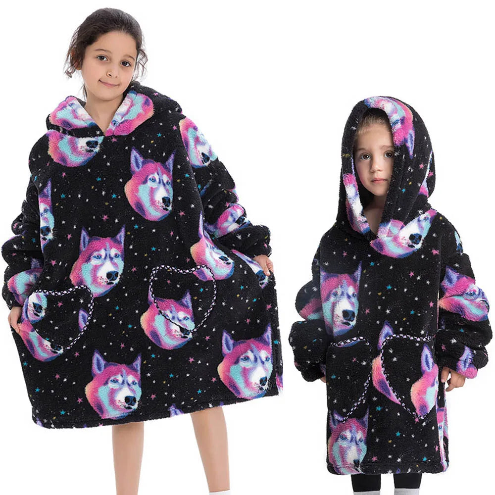 Halloween Pumpkin Hoodies for Boys Girls Winter Thick Flannel Hooded Sweatshirts Kids Clothing Children Oversized Blanket Hoodie