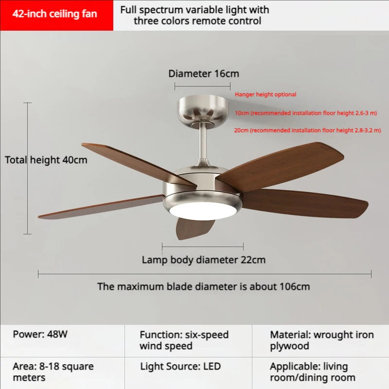 Living Room Fan Lamp Chandelier, Vintage American Style, Bedroom Room Electric Fan Integrated Silent Inverter, Dining Room Ceili