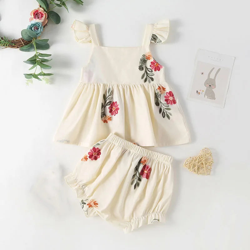 MILANCEL New Baby Summer Clothes Infant Girl's Floral Puff Sleeve Bodysuit Toddler Tee And Shorts 2PCS Sets ﻿Children's Outfit