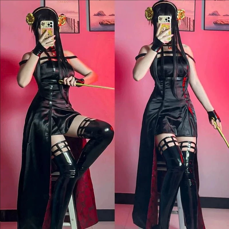 Halloween Party Anime Yor Forger Cosplay Outfit Gothic Assassin Black Red Skirt Dress Suit Uniform Long Hair Wig Earrings