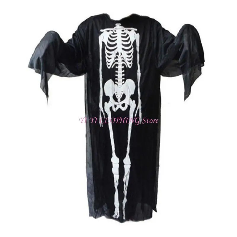 Halloween Skull Skeleton Cosplay Costume Scary Ghost Robe with Front Bone Print for Children Adult Carnival Party Cloak