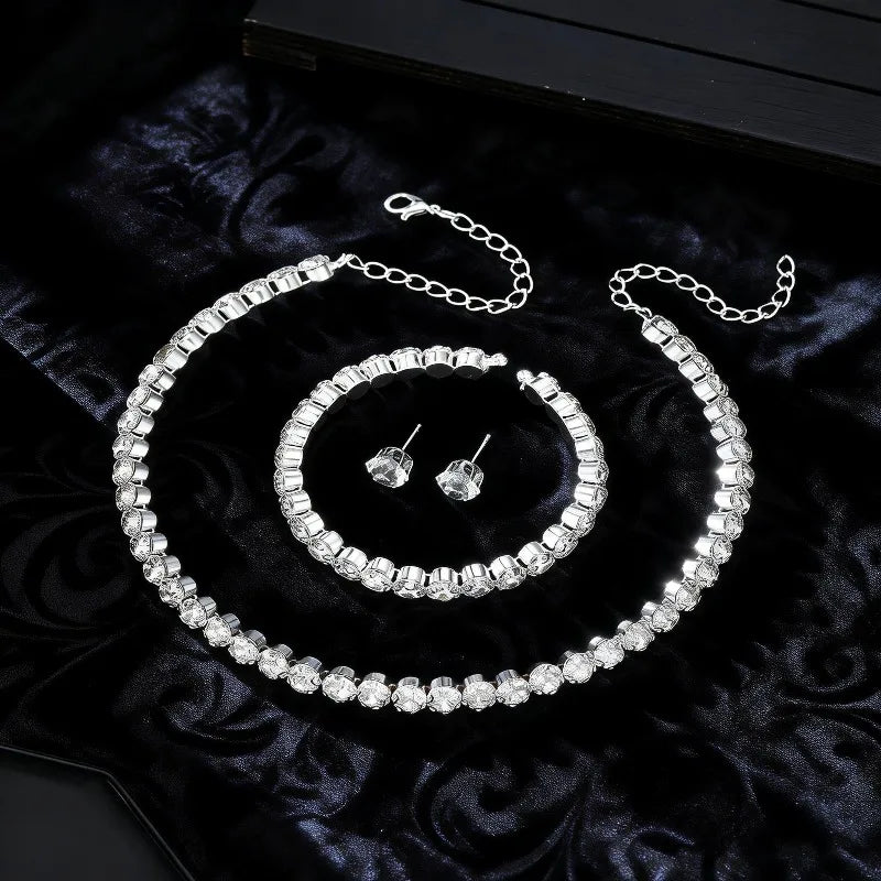 Luxury Round Crystal Jewelry Set for Women Charm Silver Color Bracelet Stud Earring Zircon Chain Necklace Wedding Party Jewelry