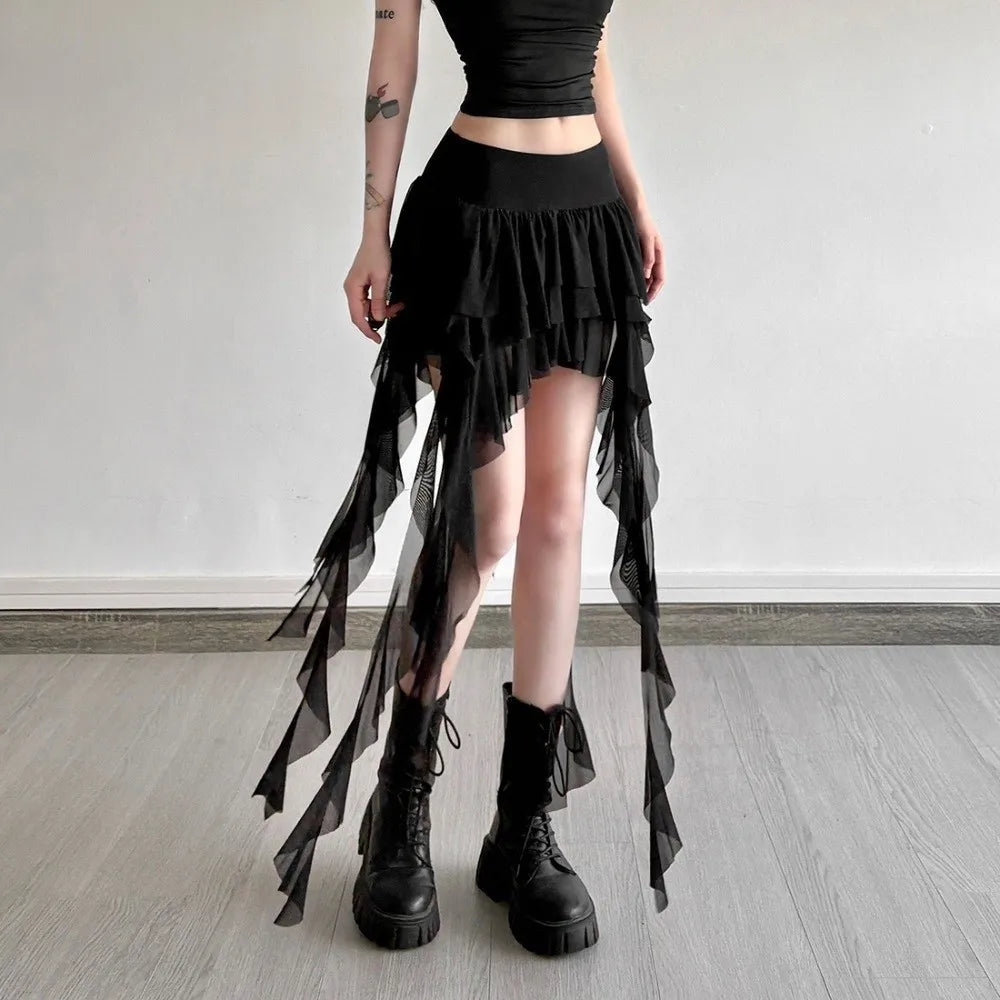 Casual High Waist Women's Tiered Skorts Layered Asymmetrical Hem Mini Skirt Ruffled Flowy Goth Skirt Summer Wear