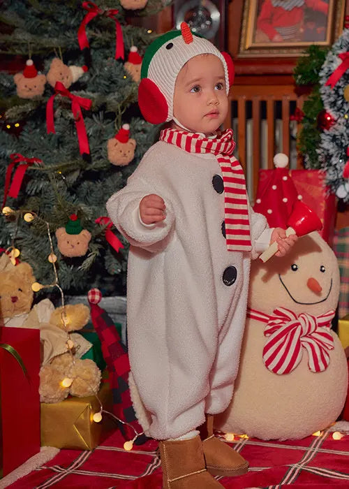 2025 New Christmas Onesie Baby Girls Boys White Fleece Warm Rompers Jumpsuit+Scarf+Cute Snowman Hat Toddler Xmas Outfits A8198