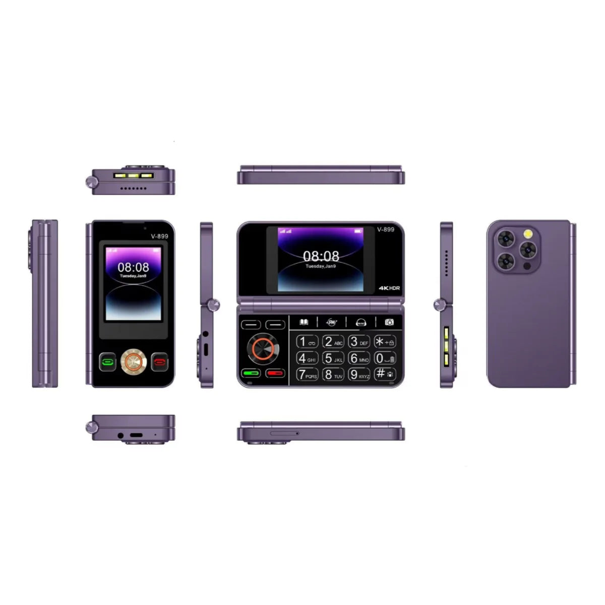 V-899 Bluetooth Folding 2G Cellphone 2.8``2.4``Dual Screen Display MTK6261A 32MB RAM 64MB ROM Dual SIM 3.0MP Type-C Torch Phone