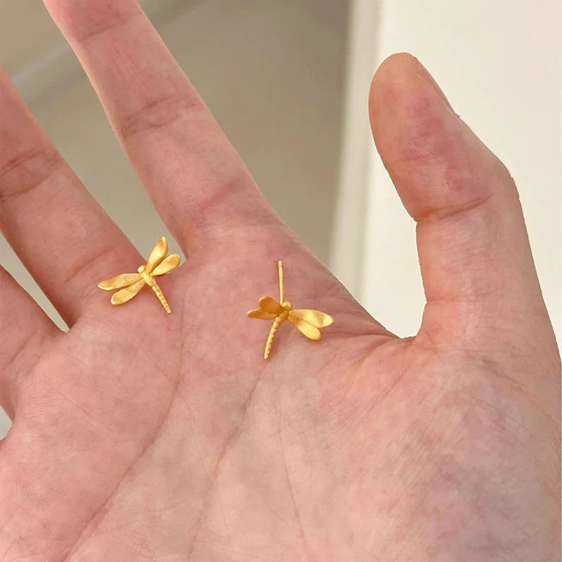 925 Sterling Silver Jewelry 18K Gold Plated Cute Dragonfly Stud Earrings for Women Wedding Party Jewelry For Girls Friend Gift