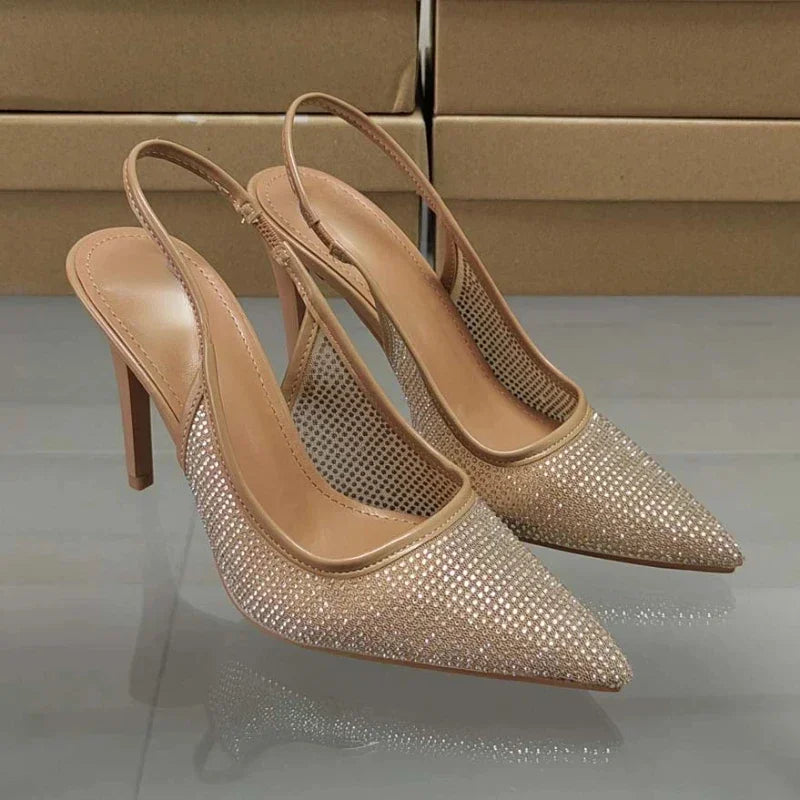Luxury Designer Rhinestone Heeled Sandals Women Sexy Pointed Toe Mesh Breathable Thin High Heels Elegant Party Dress Pumps Shoes
