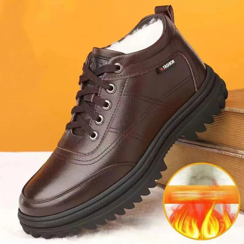 Men's Winter Thickened Warmth Casual Shoes Fleece Lined Business Style Leather Shoes Low Top Lace up Comfortable Alligator Pa...