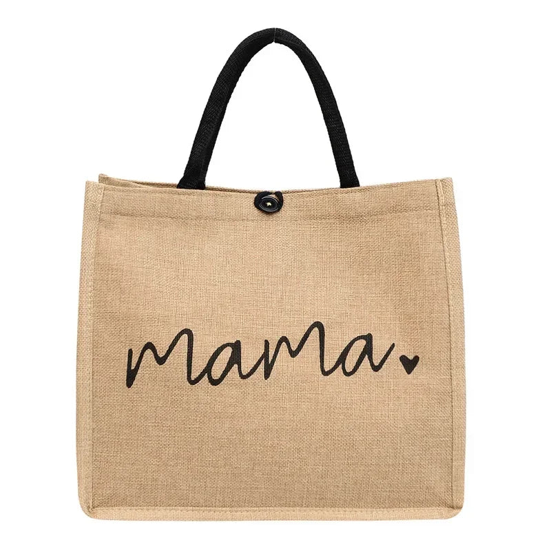 Women Tote Bag Fashion Mama Letter Printing Linen Handbag Large Capacity Baby Diaper Bag Casual Shopping Shoulder Bag Mom Gifts