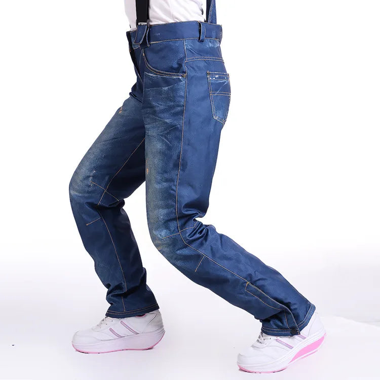 style denim ski pants suspenders denim ski pants men's skating snowboard waterproof, windproof and warm ski pants