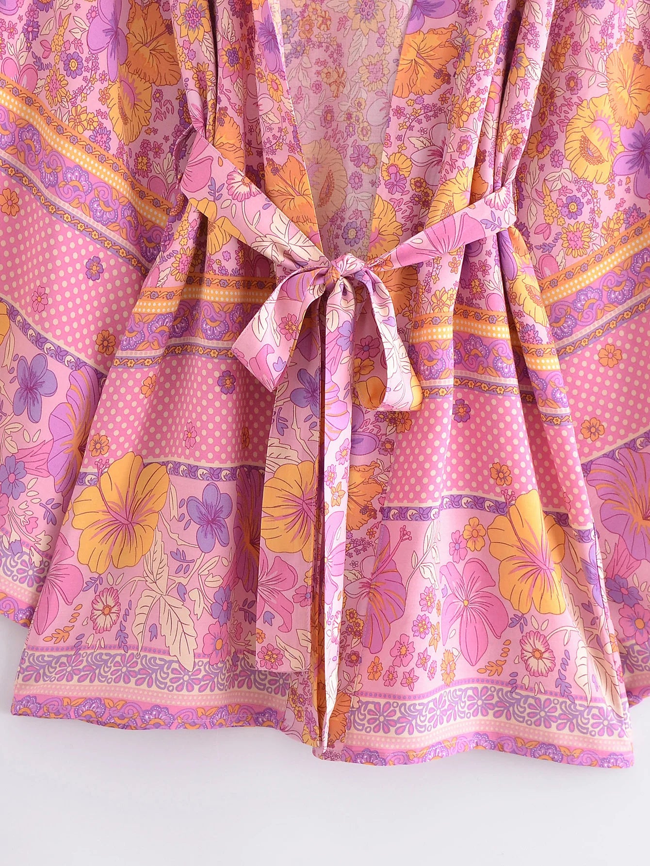 BOHO Women Blue With Pink Flower Print Kimono Shirt Holiday Tide Bow Sashes Mid Long Cardigan Summer Blouse Beach Cape