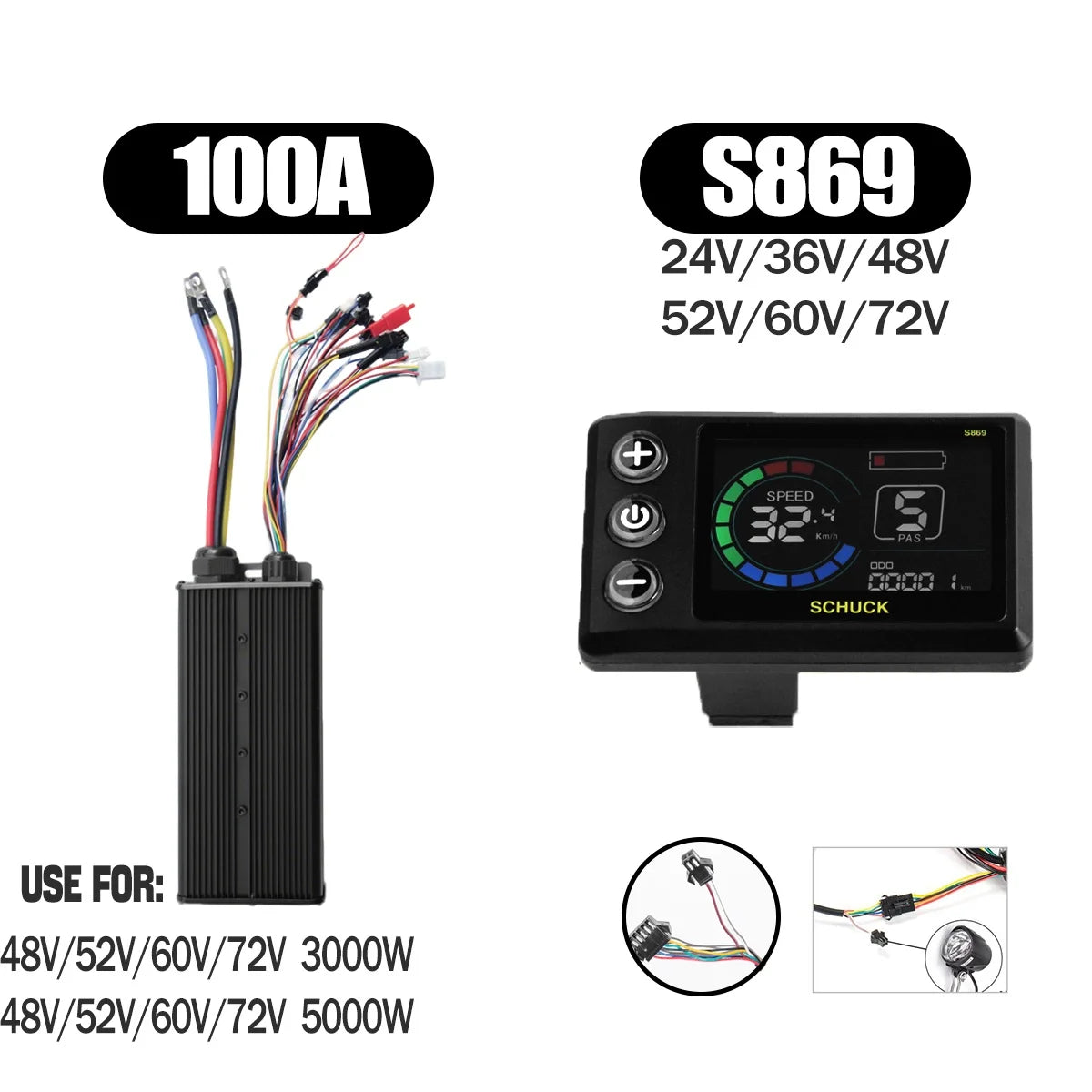 Ebike Sine Wave Display Controller 100A Three-Mode 48V52V60V72V with Learning Function UKC1 LCD Color Display 3000W5000W Motor