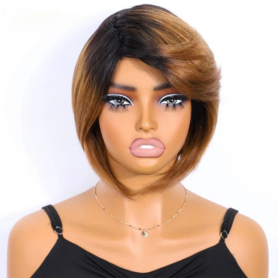 Short Straight Bob Human Hair Wigs With Bangs Full Machine Made Side Part Bob Human Hair Wigs For Women Beginner Friendly