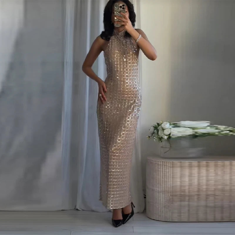 Sexy See Through Shinny Party Maxi Dress For Women O Neck Sleeveless Slim Fit Long Vestidos 2025 New Lady High Street Robes