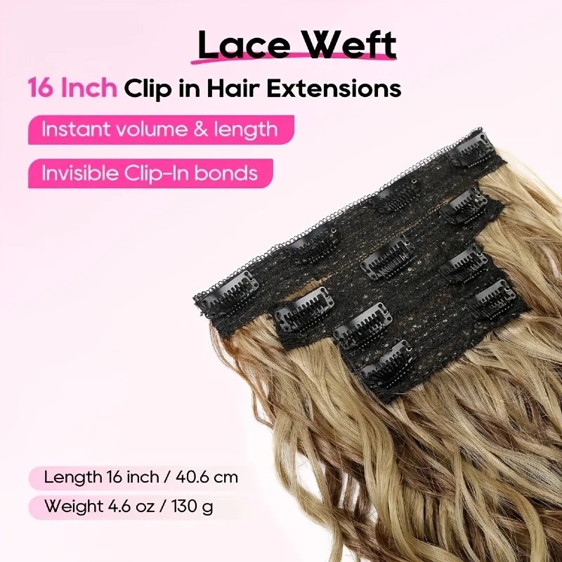 Synthetic 4PCS Hair Extensions 14inch Short Curly Wavy Brown Blonde Color Invisible Lace Weft Natural Soft Hairpieces for Women