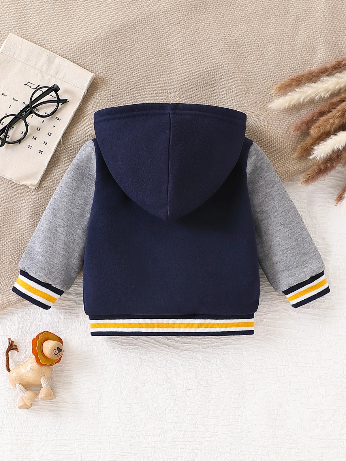 Cute Cartoon 3D Lion Embroidered Color-Blocked Hooded Zip-Up Fleece Jacket Winter Warm Baseball-Style Sweatshirt Jacket