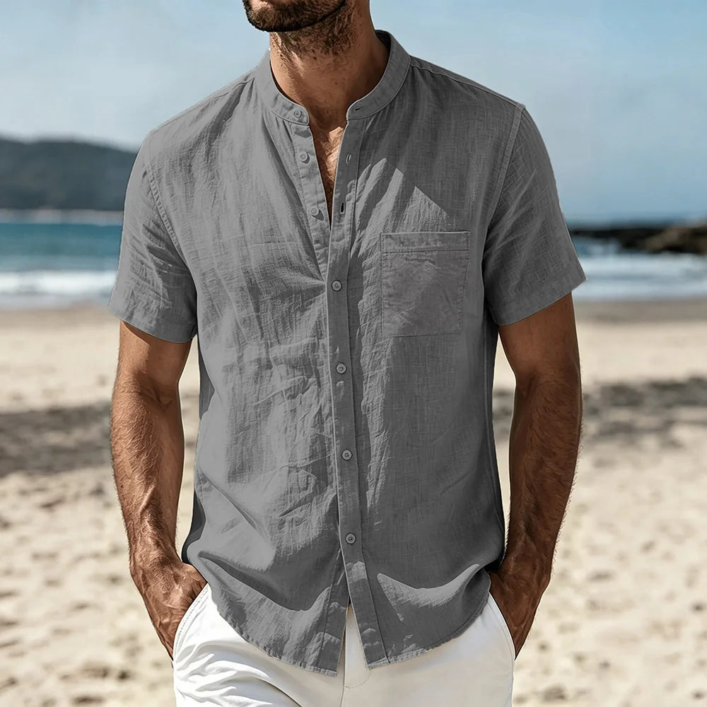 Men's Cotton Linen Shirt Summer Lightweight Breathable Short Sleeve Henley Neck Casual Shirts Male Vacation Beach Style Tops