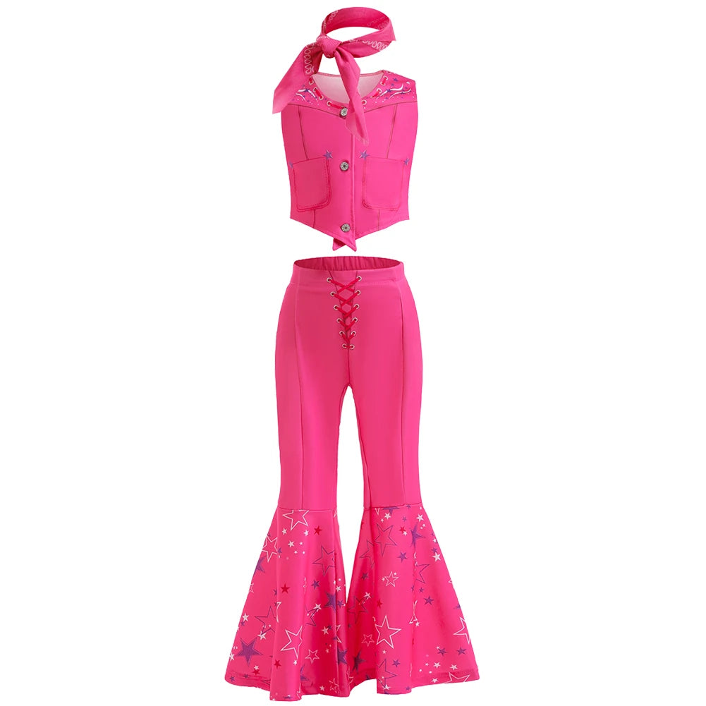 Girls Margot Movie Cospaly Costume Pink Vest Top And Flared Trousers For Kids Barbe Halloween Birthday Party Carnival Outfits