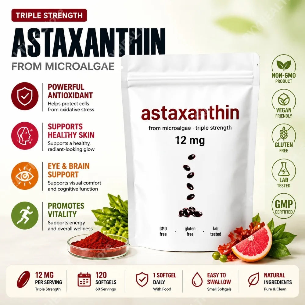 Astaxanthin 12mg Softgels - Daily Antioxidant Support, Non-GMO, Gluten-Free, Soy-Free, 120 Capsules for Adults