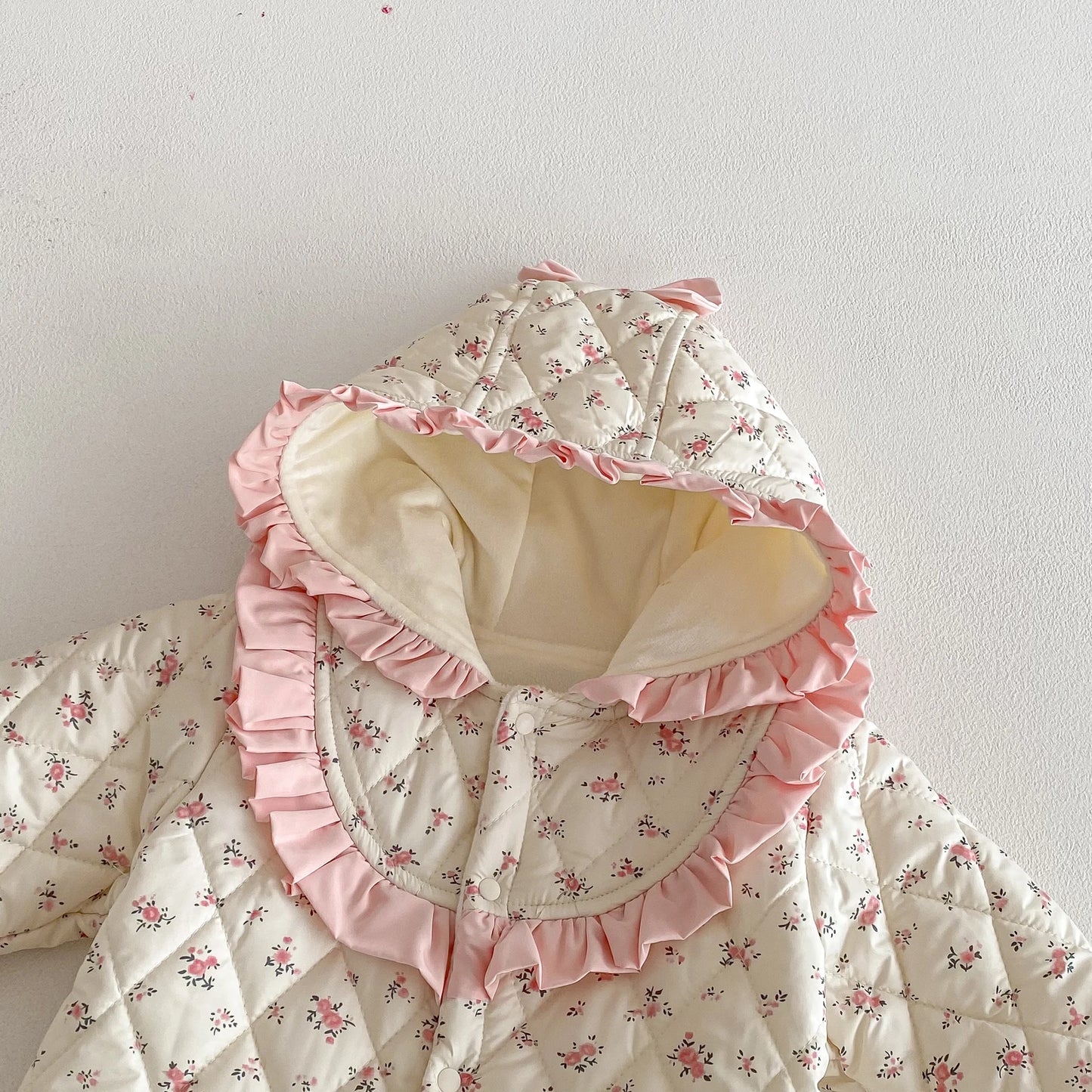 Baby Girl Winter Sweet and Cute Floral Cotton Padded Hooded Jumpsuit, Baby Girl Warm and Comfortable Long Sleeve Cotton Padded Jumpsuit