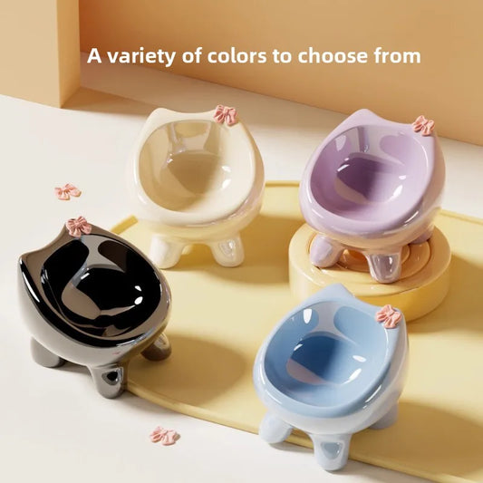 Ceramic Heightening Bowl Set | Cute Macaron Color Series，Slanted Spill-Proof，Cat Slow Feeder Bowl，InsEasy to Clean，Multi-Color O