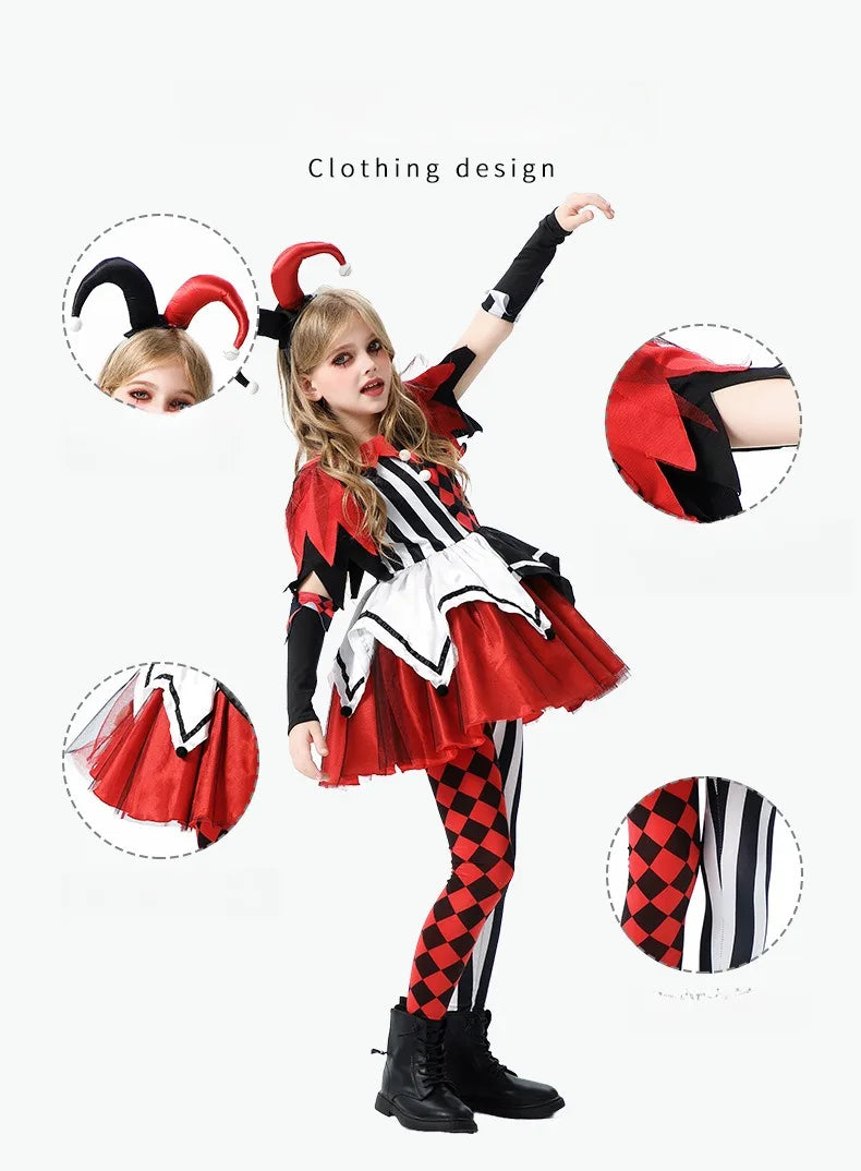 Halloween Cosplay Costumes Horror Clown Dresses Pants Headwear Clothes Sets Carnival Theme Party Role Playing Outfits for Girls