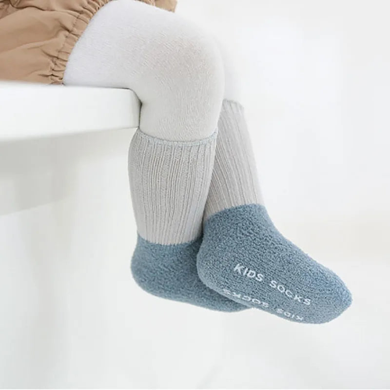5 Pairs Winter Unisex Kids Baby Socks Infant Patchwork Non-slip Tube Socks Cotton Thick Warm Fleece Newborn Baby Stockings