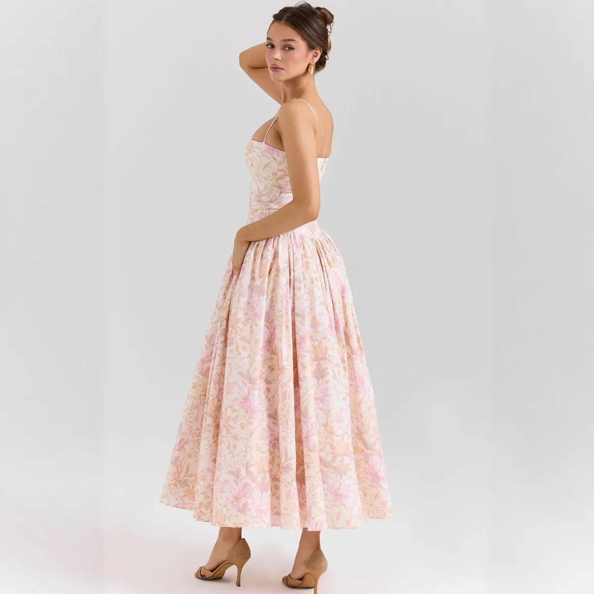 Elegant Fairylike French Style Gentle Floral Print Strapless Midi Dress Slimming Women's Fashion High End Feeling Dress