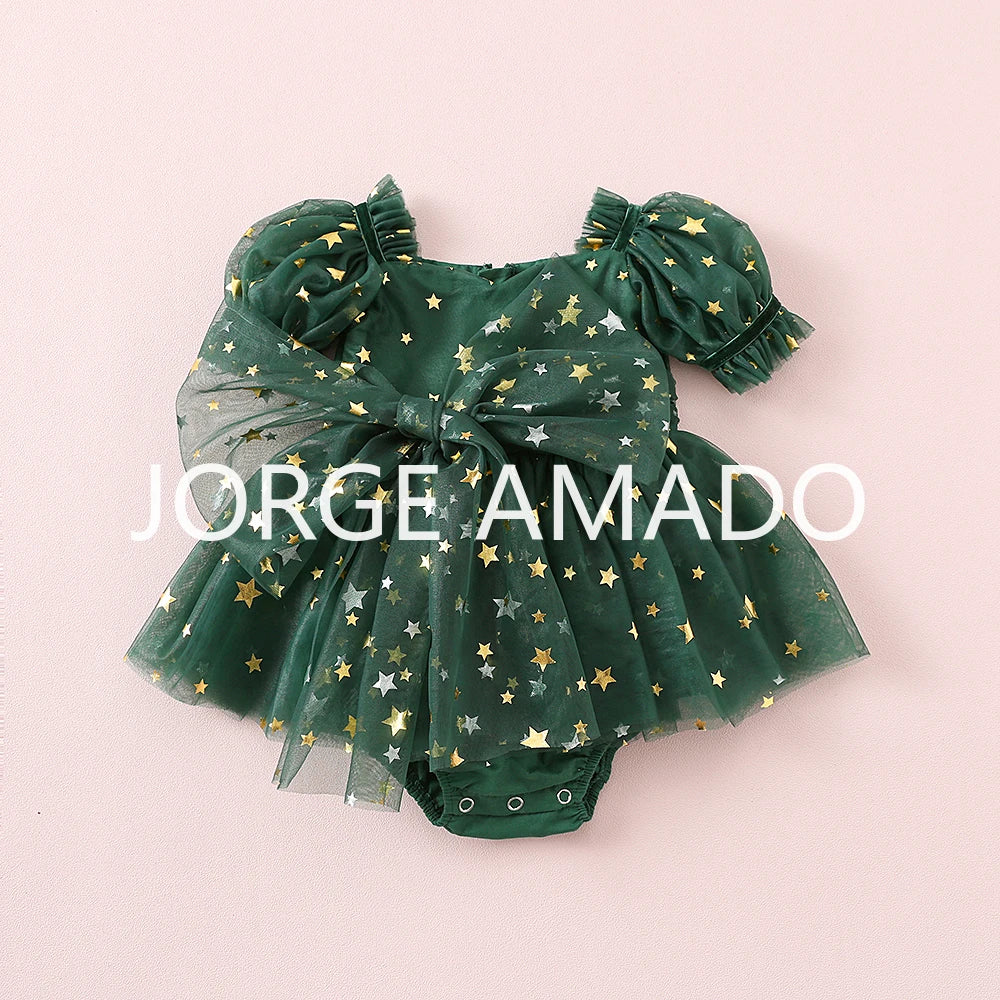 Christmas Summer Baby Girl Sister Matching Outfit Puff Sleeve Big Bow Festive Party Princess Bodysuit Halloween Dresses H2688