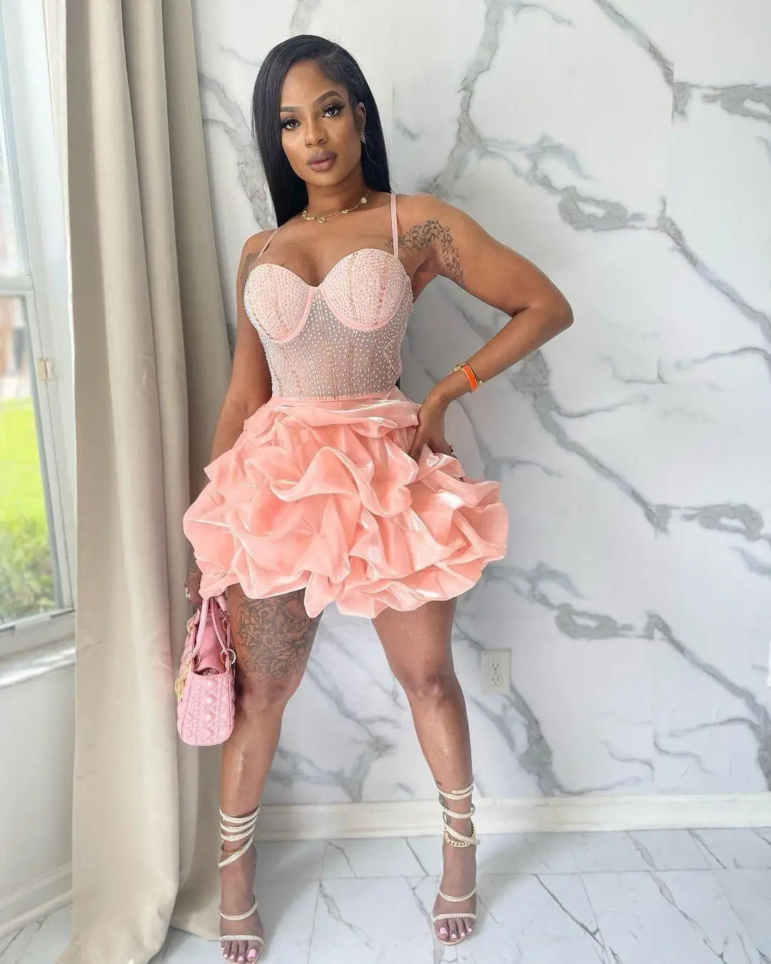 HBLL Sexy Rhinestone Bodycon Ruched Puff Suspenders Dresses Women Sheer Mesh Birthday Party Night Clubwear Summer Dresses Robes
