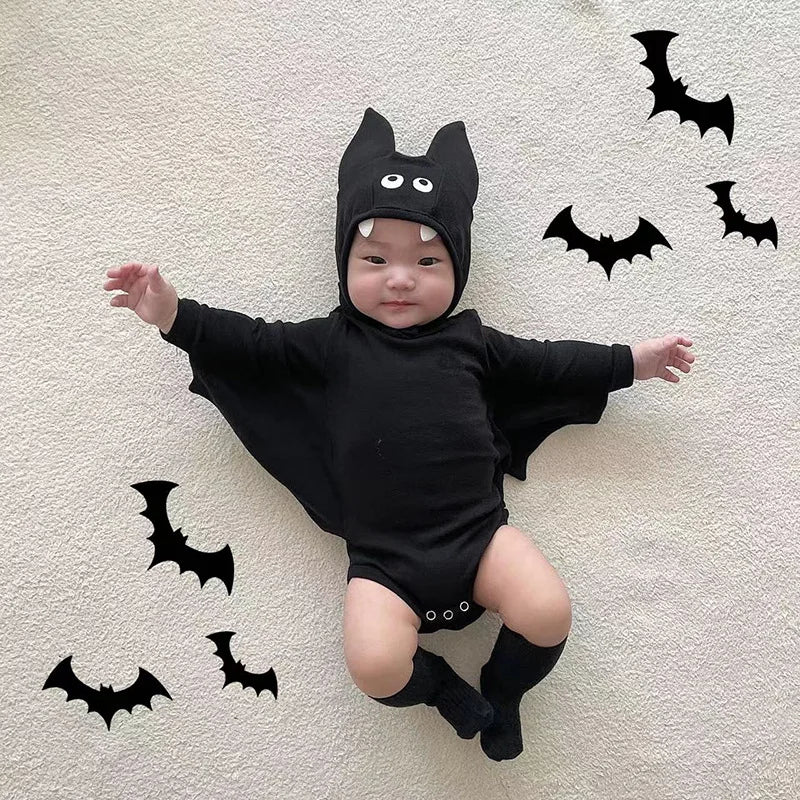 2025 New Baby Halloween Clothes Set Boys Girls Cute Bat Sleeve Bodysuit + Hat  Toddler Fashion Kids Halloween Party Clothing