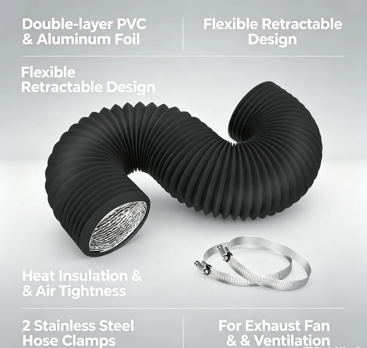 HTMCK 4 Inch Flexible Dryer Vent Hose, Heavy‑Duty Air Ducting Exhaust Pipe with 2 Stainless Steel Clamps for Kitchen