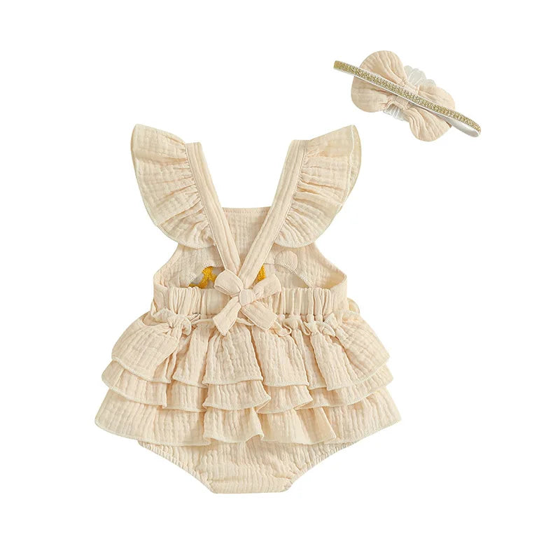 Newborn Baby Girls 1st Birthday Romper Dress Summer Cute Daisy Letter Embroidery Fly Sleeves Ruffles Jumpsuit and Headband Set