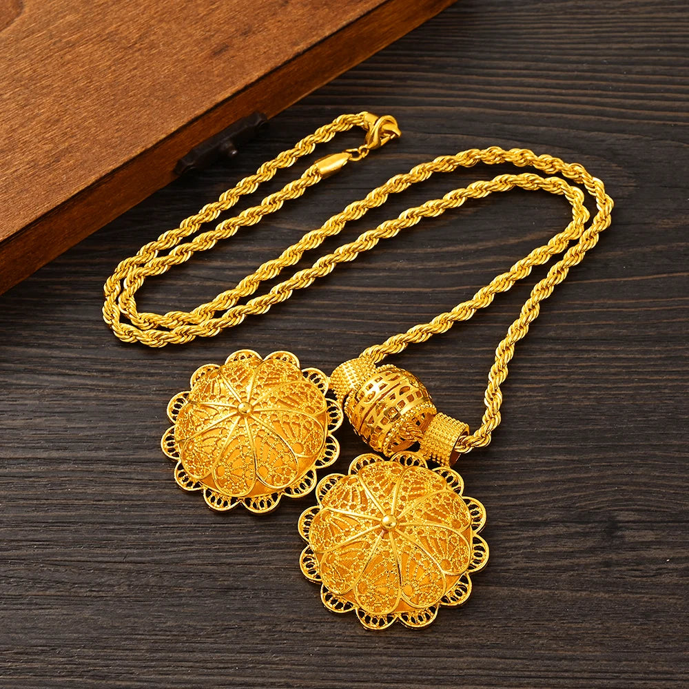 Luxury Golden Plated Bridal Jewelry Sets for Women Ethiopian Pendant Hairpin Necklace Earrings Bangle Ring Wedding Gift