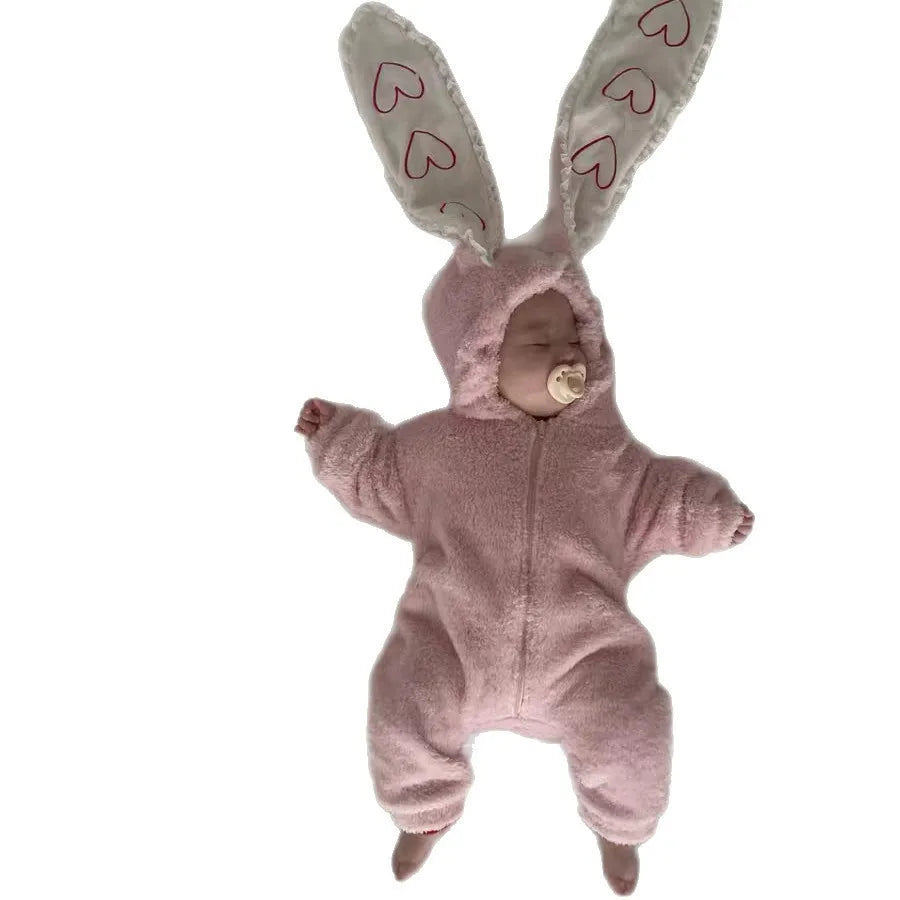 2025 Winter New Baby Long Sleeve Warm Romper Plus Velvet Thick Infant Girl Rabbit Ears Hooded Jumpsuit Toddler Clothes 0-24M