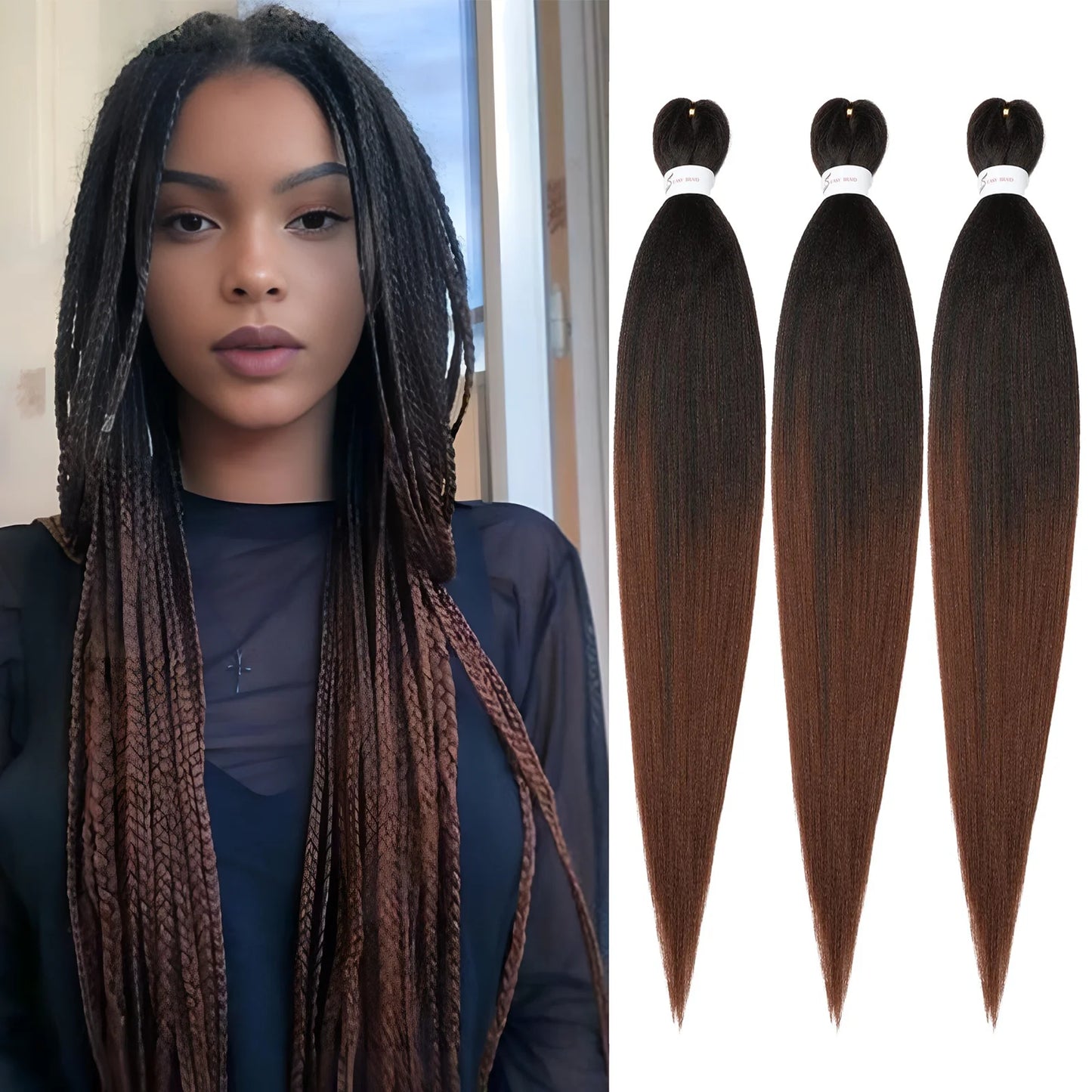Brown Braiding Hair Pre 3 Packs Pre stretched Braiding Hair Yaki Texture Synthetic Hair Extension Itch Free Hot Water Setting