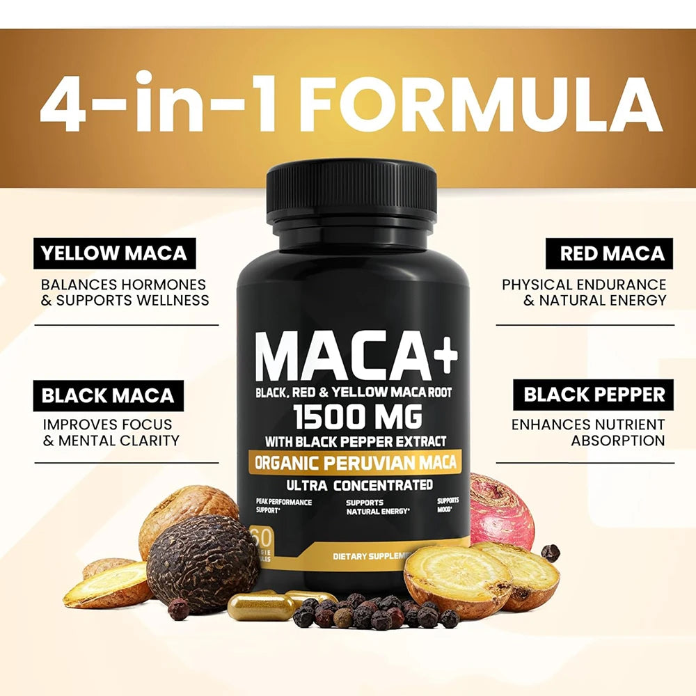 1500mg Organic Maca Root, Black, Red & Yellow - 60 Capsules - Black Maca Root Capsules for Men Supplement - Non-GMO, Gluten-Free