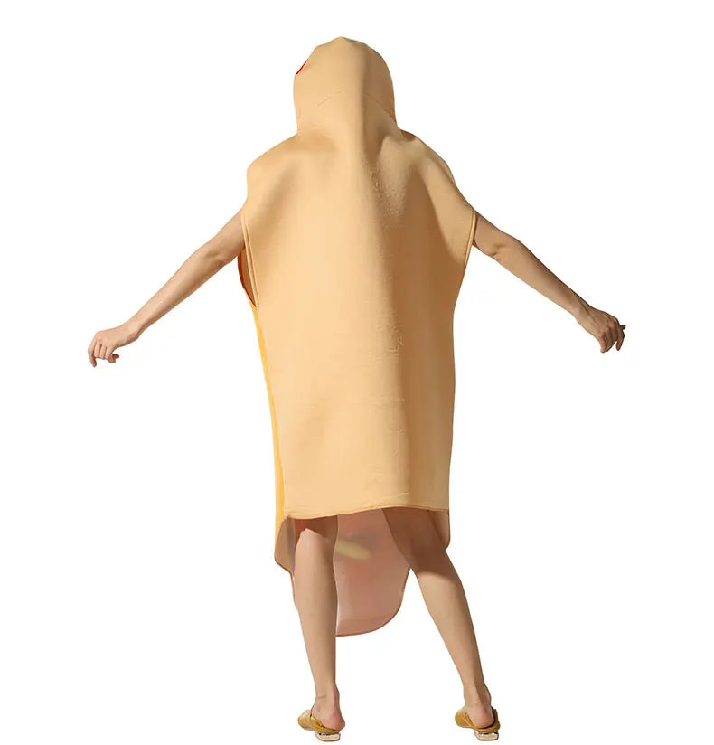 Halloween party costume, hot dog cosplay attire, stage performance outfit, one-piece dress, performance outfit