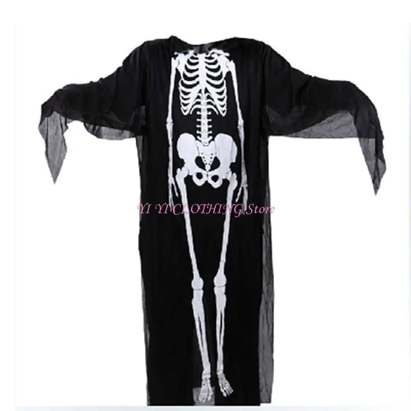 Halloween Skull Skeleton Cosplay Costume Scary Ghost Robe with Front Bone Print for Children Adult Carnival Party Cloak