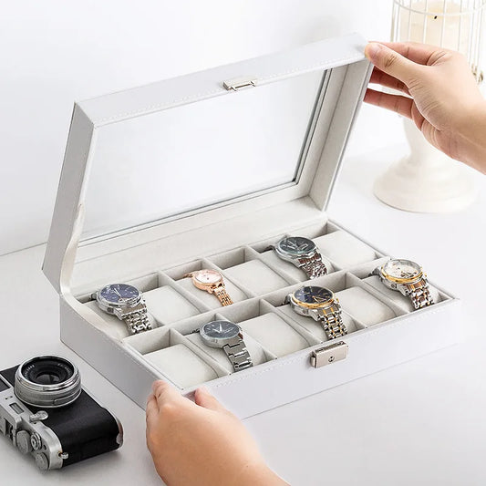 Wood Professional Watch Box Holder Storage Case Organizer White Simple PU Leather Watch Display Box Jewelry Packaging & Display