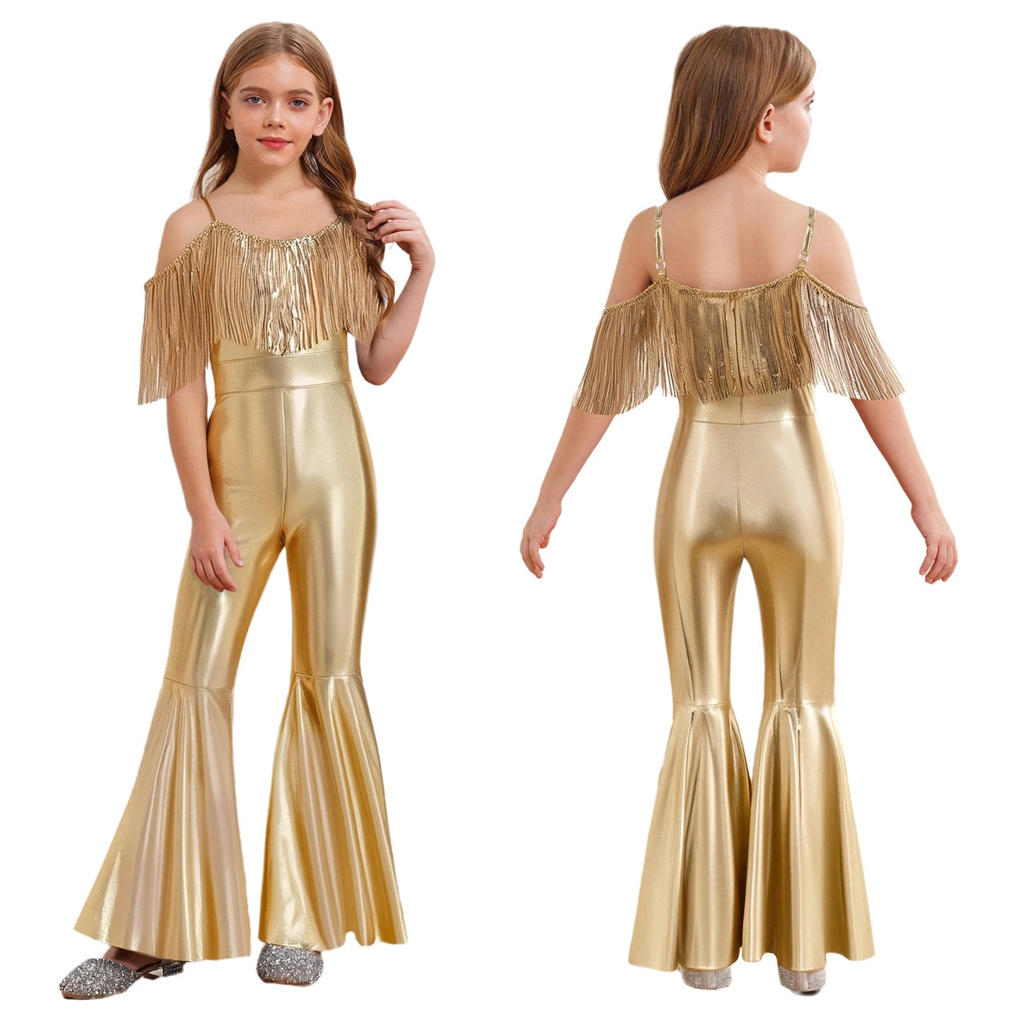 Shiny Halloween Hippie Costume for Kid Girls Sleeveless Sequins Tassels Disco Outfit 70s 80s Prom Flare Jumpsuit Party Costume