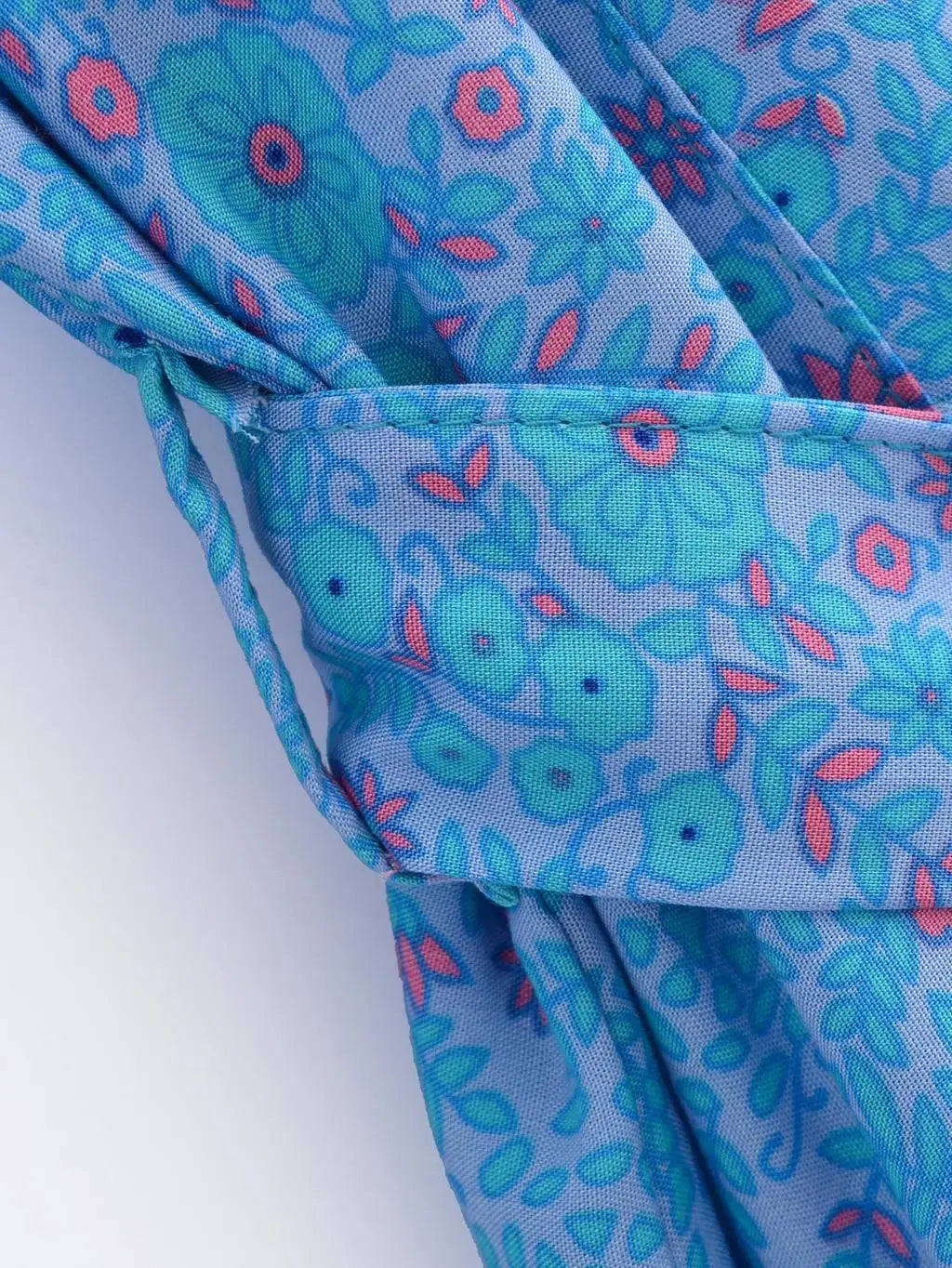 BOHO Women Blue With Pink Flower Print Kimono Shirt Holiday Tide Bow Sashes Mid Long Cardigan Summer Blouse Beach Cape