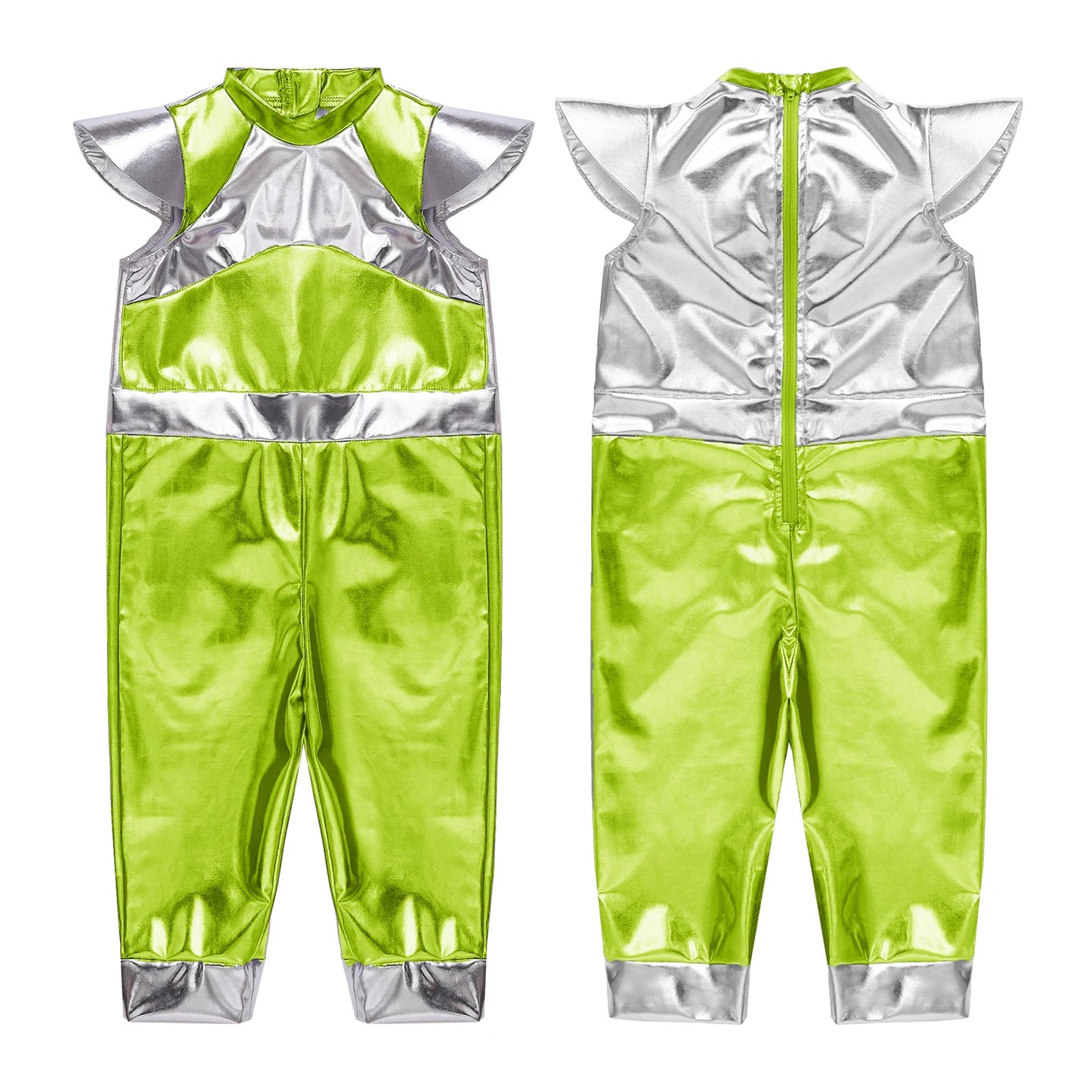 Toddler Boys Girls Metallic Alien Dress-up Costume Jumpsuit Halloween Outer Space Party Cap Sleeve Shiny Romper for Photography
