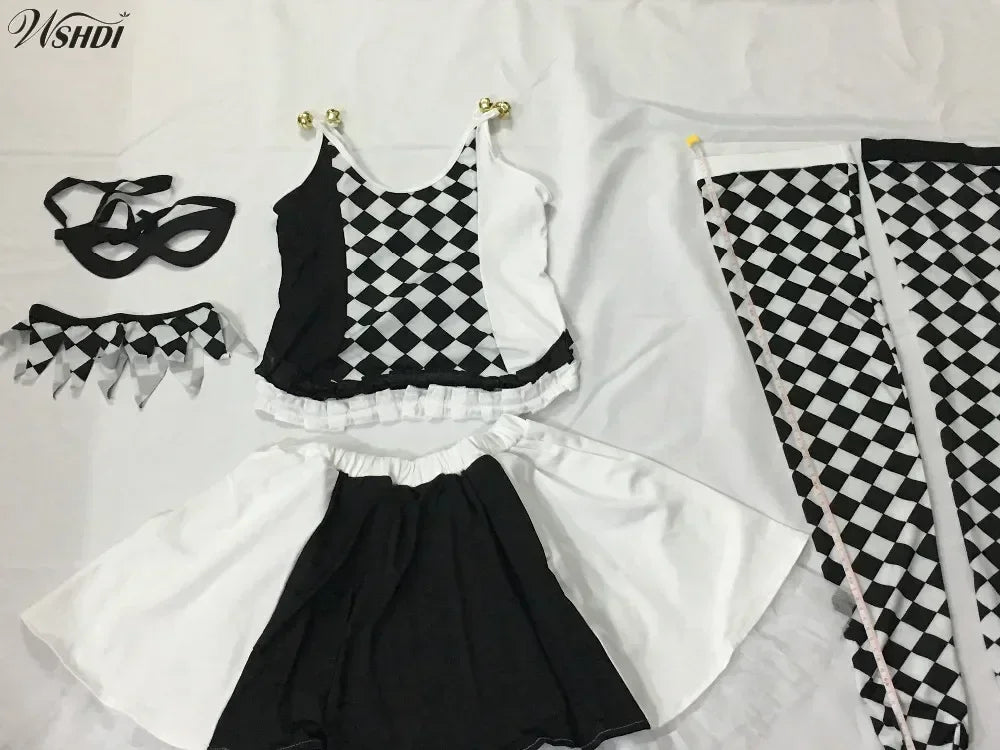 2026Cosplay adulte cirque Clown noir blanc treillis ensemble de costumes femmes Halloween carnaval déguisement mascarade fête