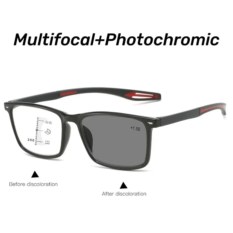 Color Changing Multifocal Presbyopia Glasses TR90 Sports Bifocal Near Far Sight Eyewear Finished Photochromic Reading Eyeglasses